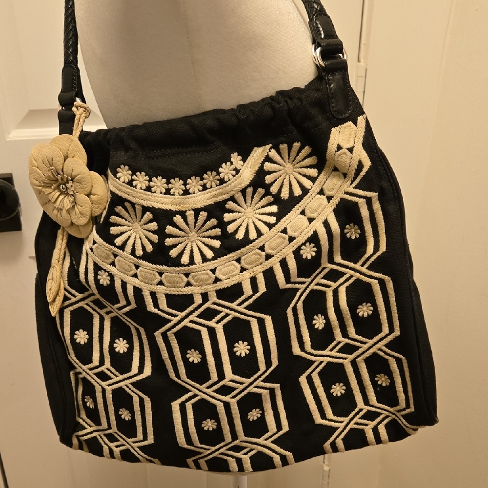 Brighton Black and Cream Geometric Embroidered Shoulder Bag